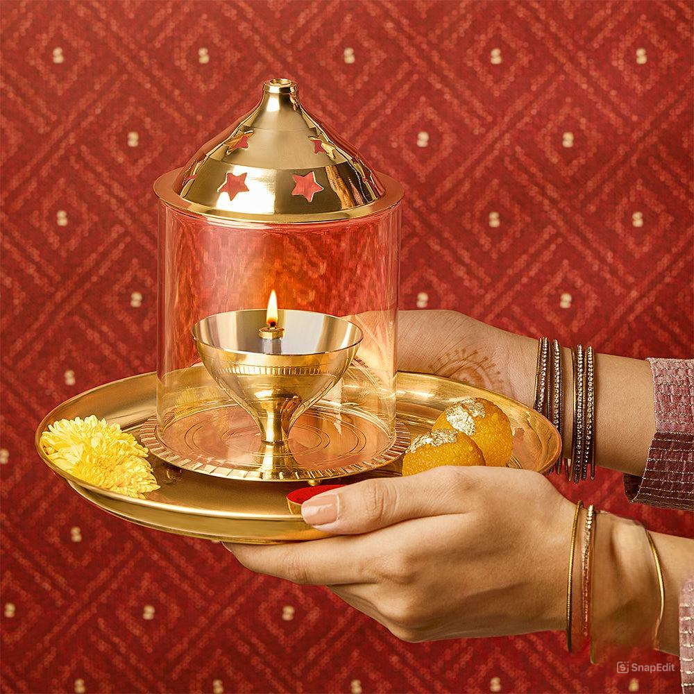 Brass Akhand Diya with Borosilicate Glass Cover