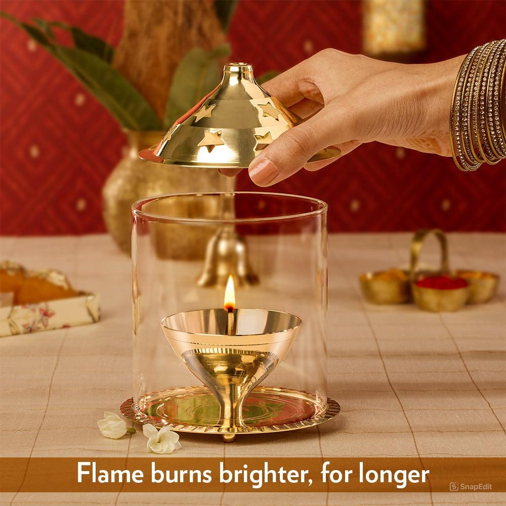 Brass Akhand Diya with Borosilicate Glass Cover