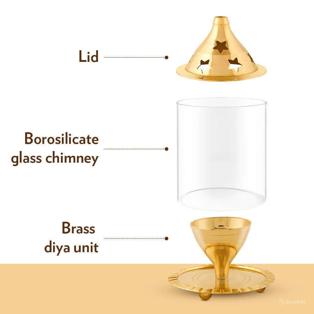 Brass Akhand Diya with Borosilicate Glass Cover