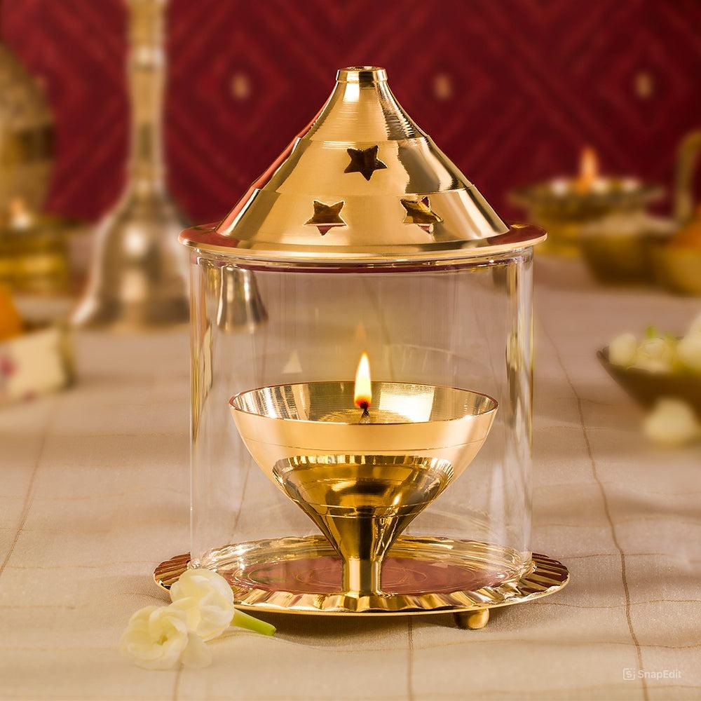 Brass Akhand Diya with Borosilicate Glass Cover